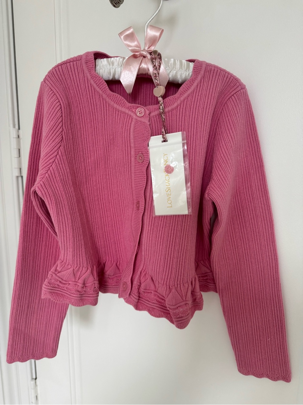LoveShackFancy Pink Ribbed Cardigan with Ruffle Hem for little kids